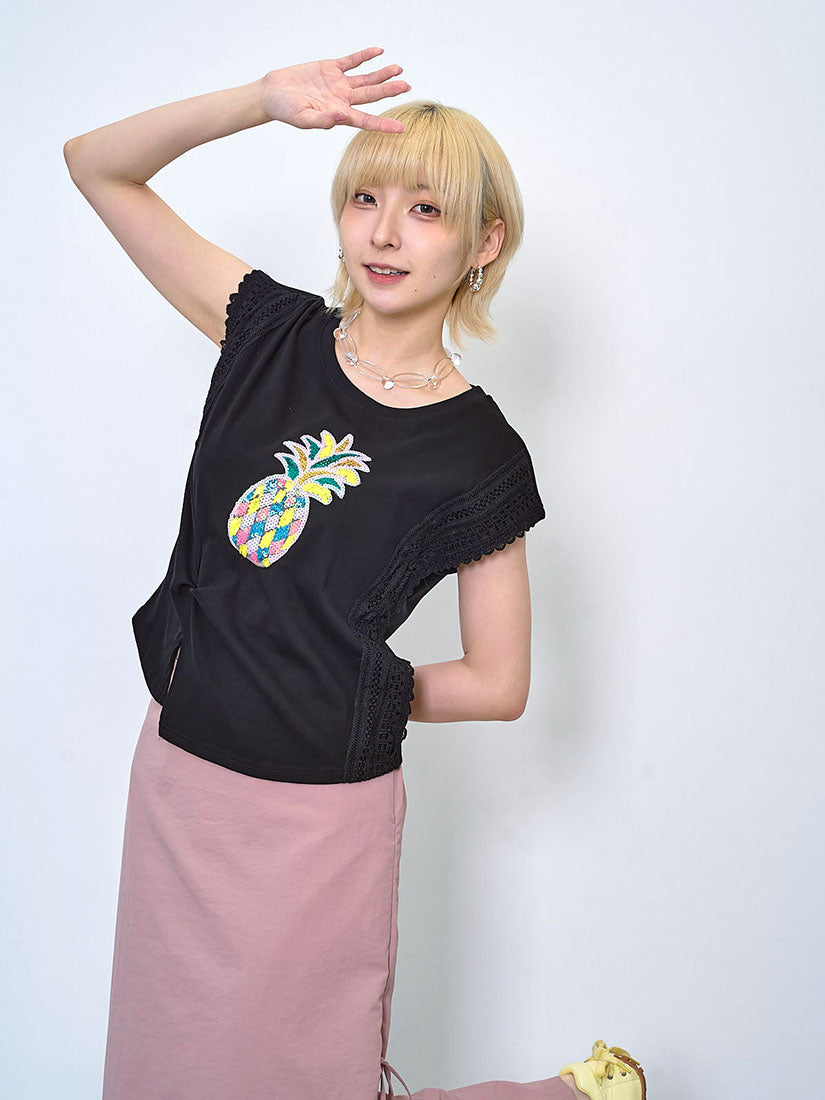 Pineapple Embellished Lace Trim Vest Top (2 Colours)