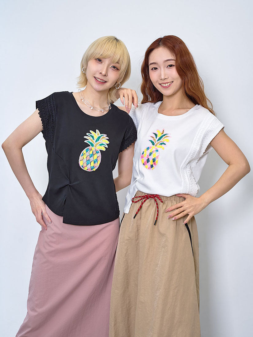Pineapple Embellished Lace Trim Vest Top (2 Colours)