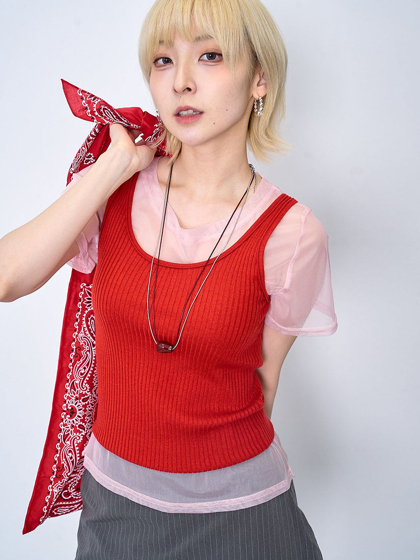 Mesh Short Sleeve Top With Rib Tank Top Set (2 Colours)