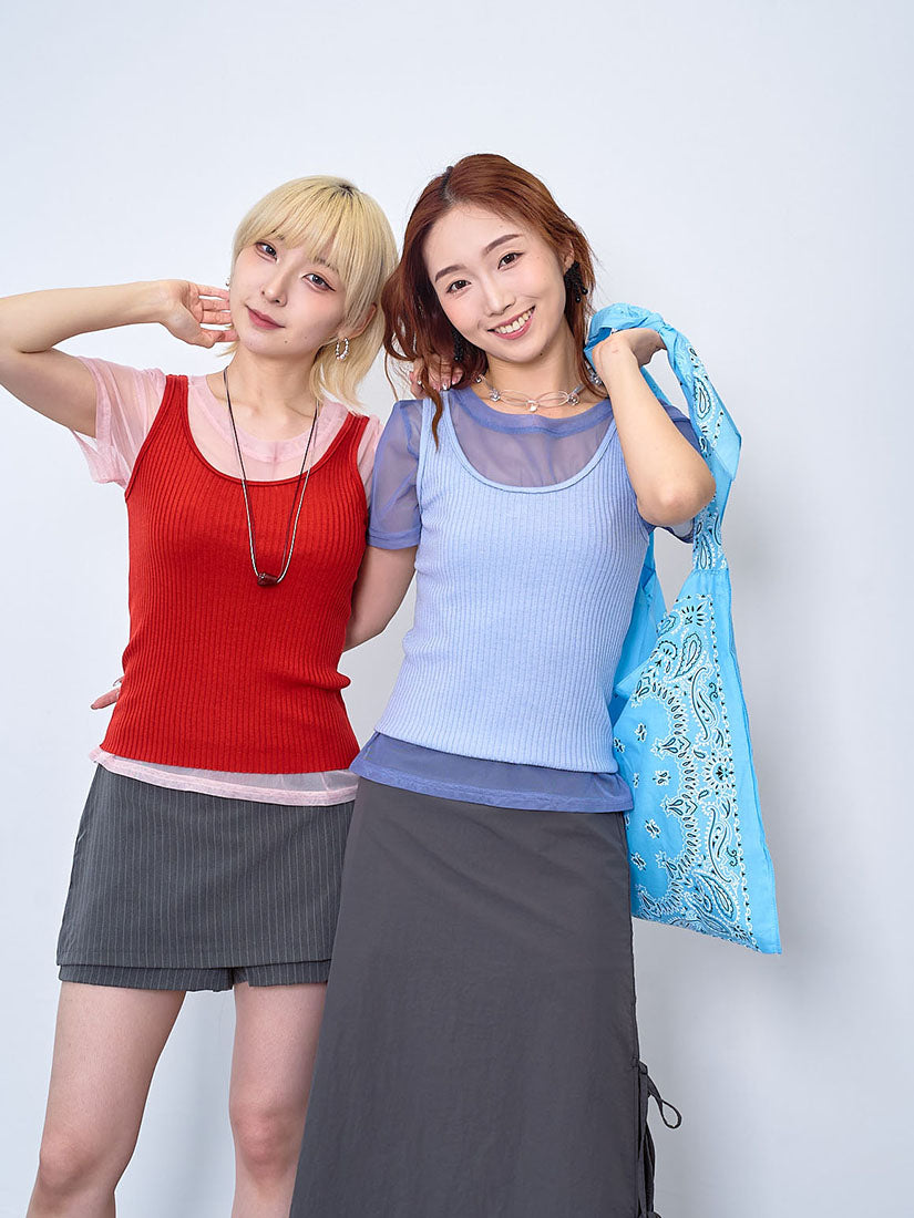Mesh Short Sleeve Top With Rib Tank Top Set (2 Colours)