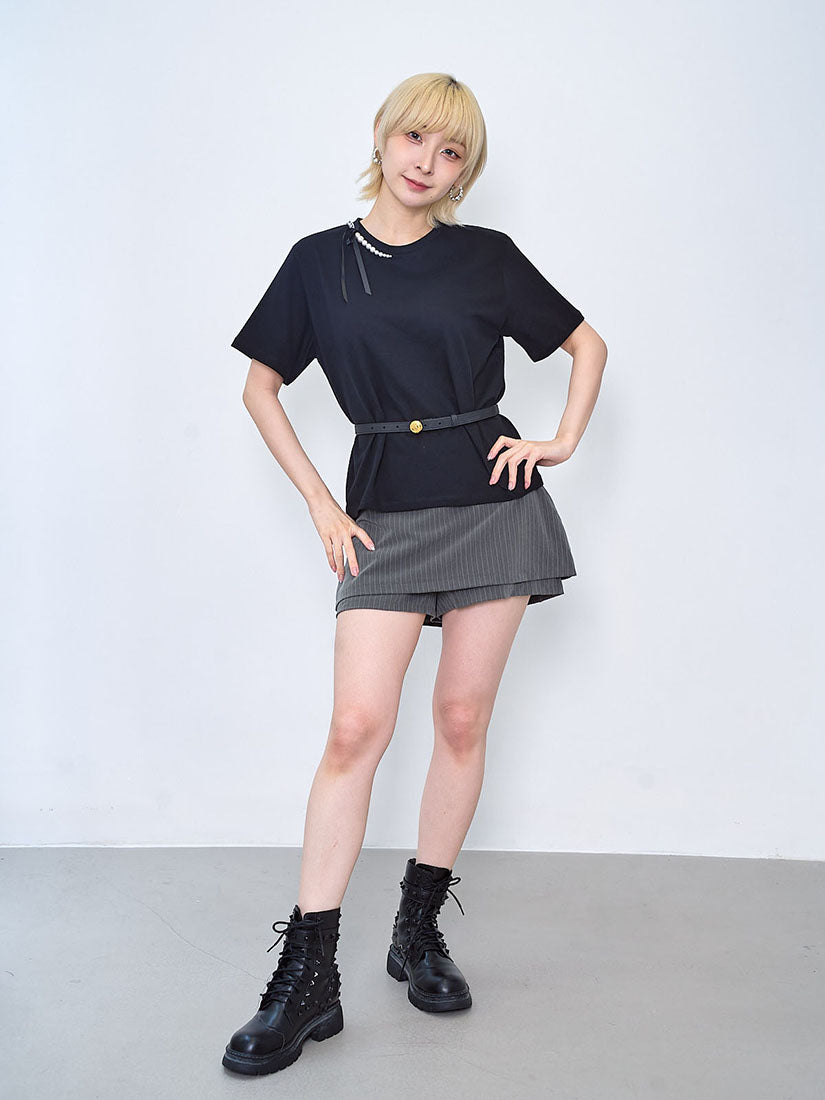 Half Pearl Chain Ribbon Bow Neck Tee (2 Colours)