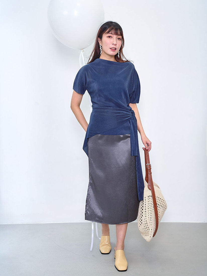 Pleats Mock Neck Top With Scarf (2 Colours)