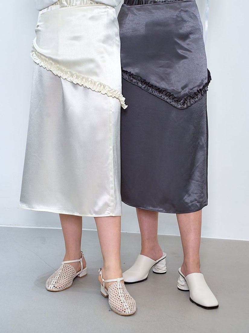 Side Slit Satin Skirt With Ruffle Edge Waist Scarf (2 Colours)