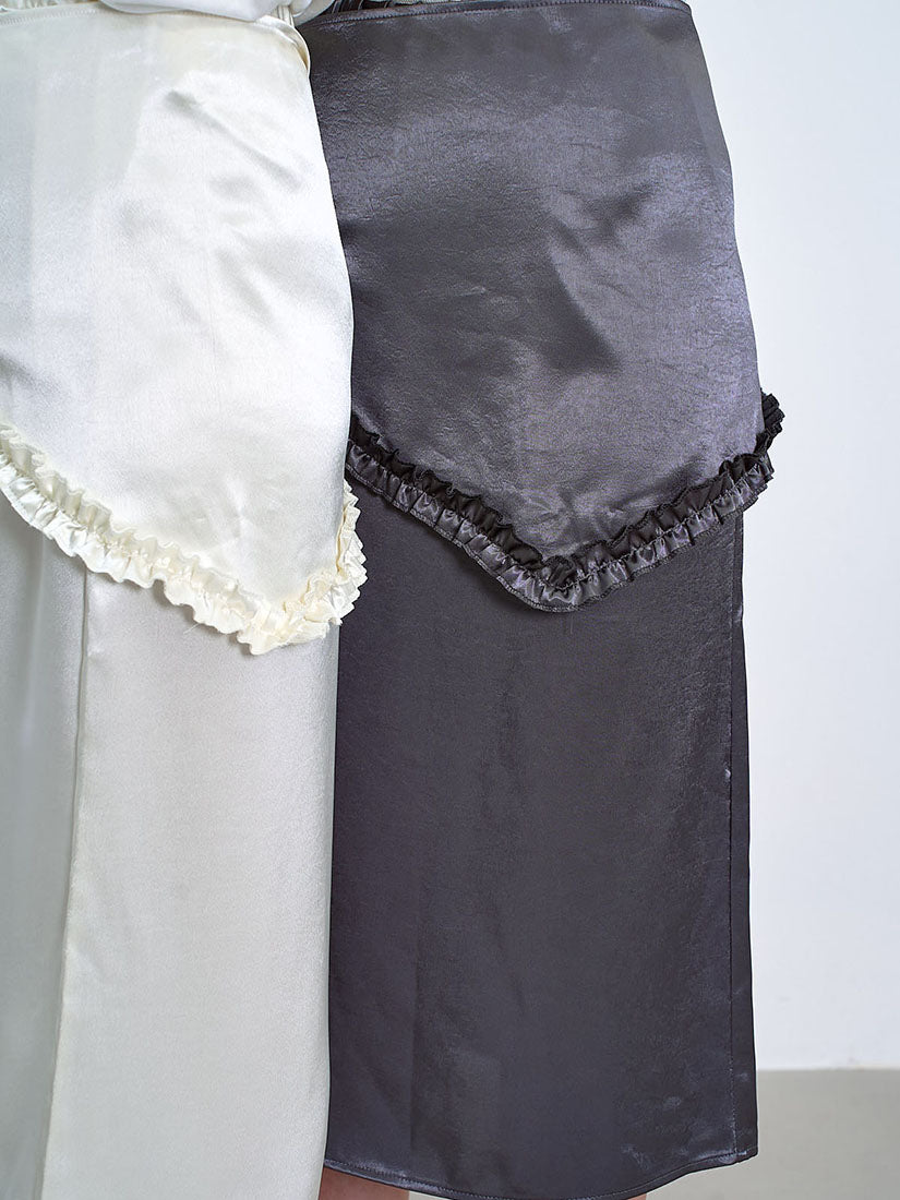 Side Slit Satin Skirt With Ruffle Edge Waist Scarf (2 Colours)