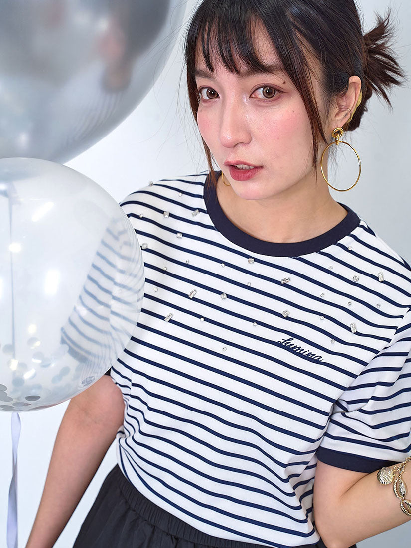 Gemstone Embellishment Striped Tee (2 Colours)