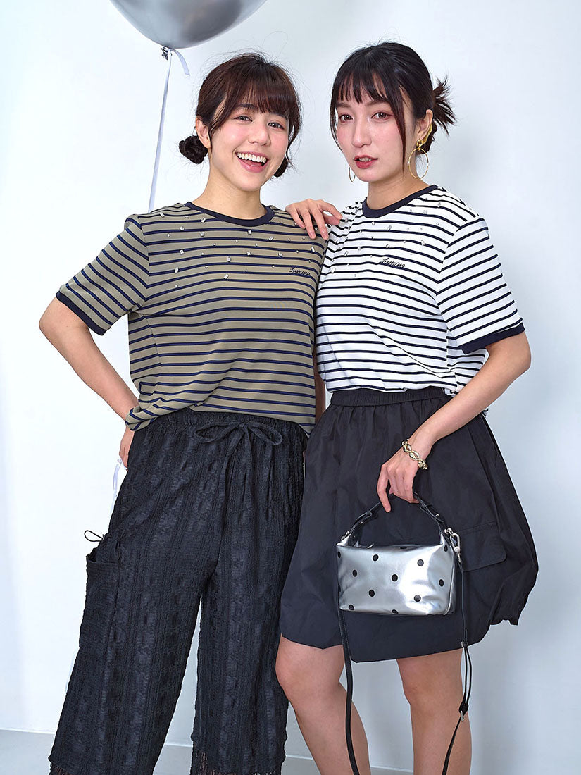 Gemstone Embellishment Striped Tee (2 Colours)