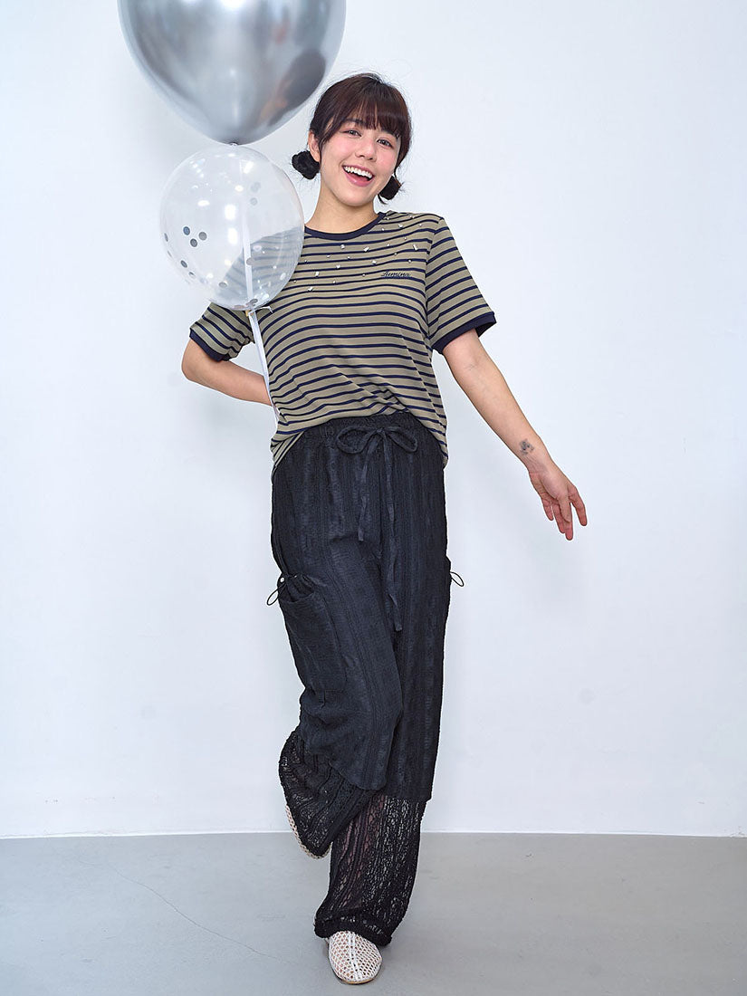 Lace Hem Double Drawstring Pockets Textured Pants (2 Colours)