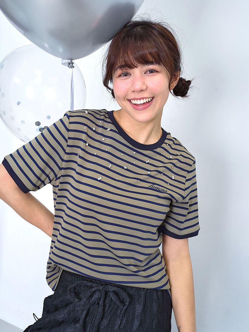 Gemstone Embellishment Striped Tee (2 Colours)