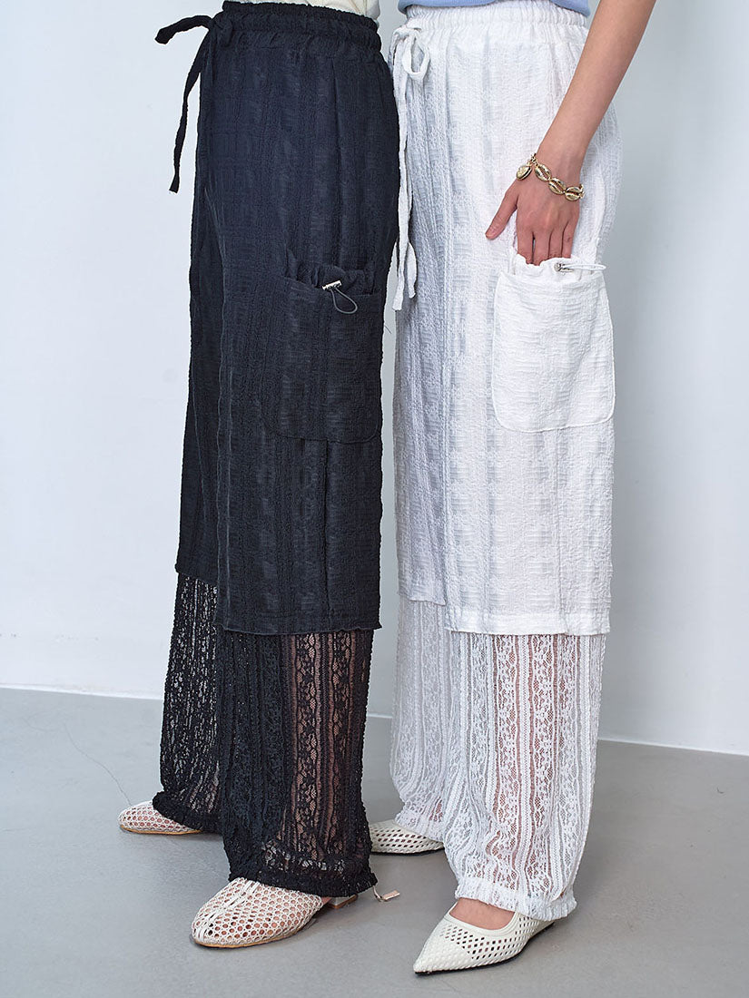 Lace Hem Double Drawstring Pockets Textured Pants (2 Colours)
