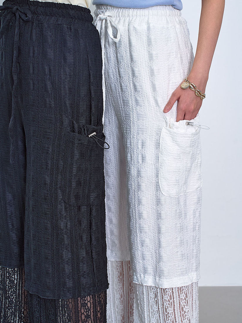 Lace Hem Double Drawstring Pockets Textured Pants (2 Colours)