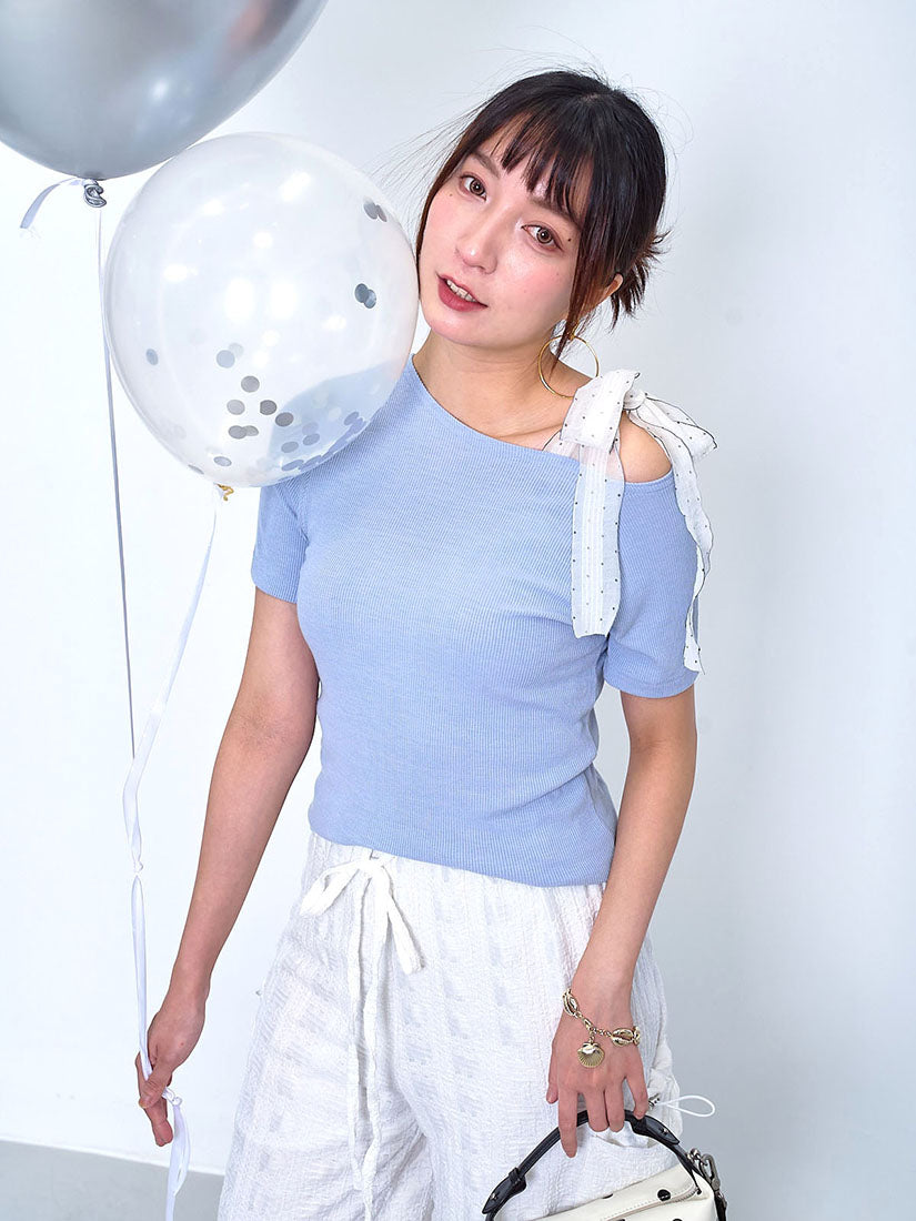 Ribbon Strap Single Shoulder Rib Top (2 Colours)