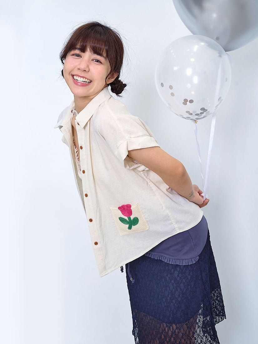 Flower Embroidered Pocket Linen Shirt