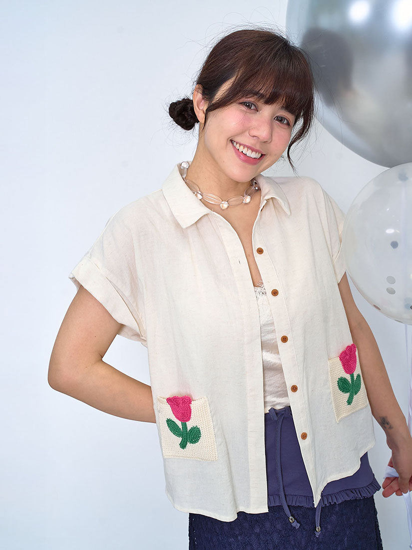 Flower Embroidered Pocket Linen Shirt