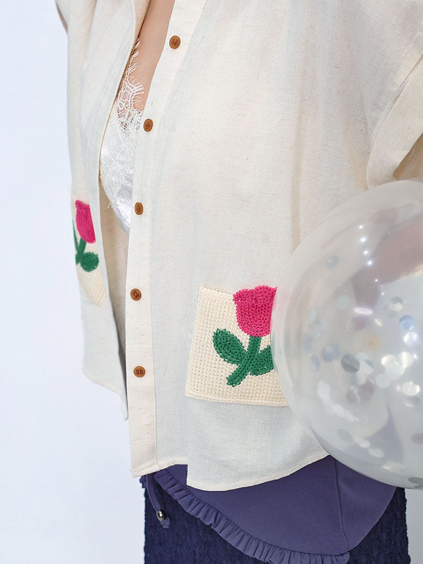 Flower Embroidered Pocket Linen Shirt