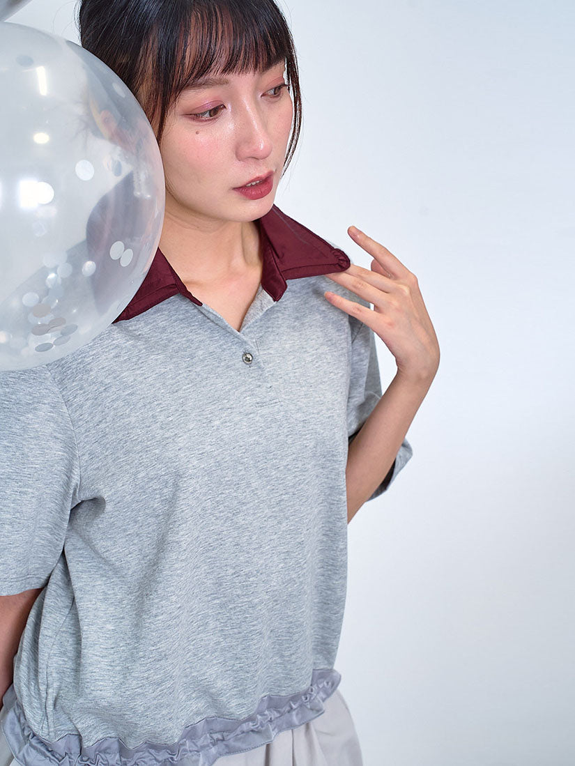 Contrast Polo Neck Drawstring Hem Top (2 Colours)