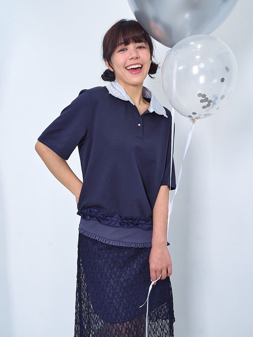 Contrast Polo Neck Drawstring Hem Top (2 Colours)