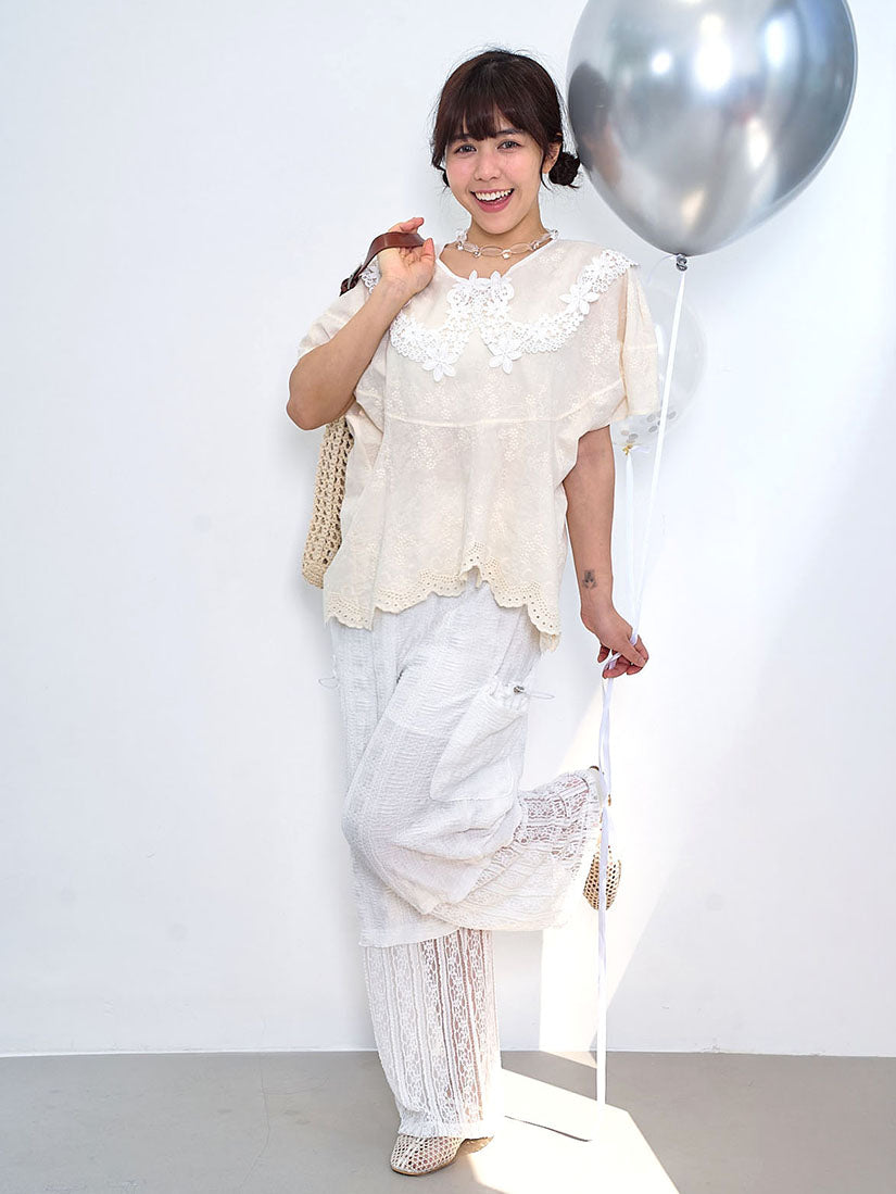 Lace Hem Double Drawstring Pockets Textured Pants (2 Colours)