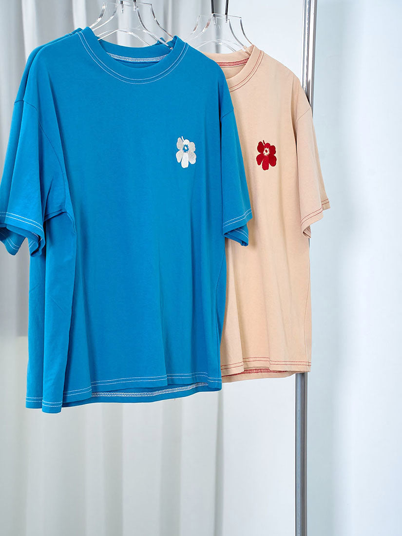 Unikko Flower Embroidered Contrast Stitch Tee (2 Colours)