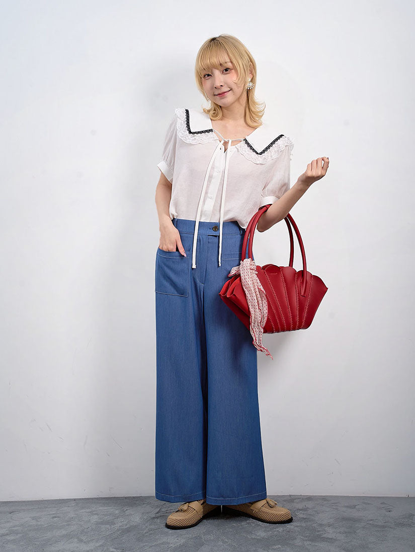 Lace Trim Collar Short Sleeve Blouse