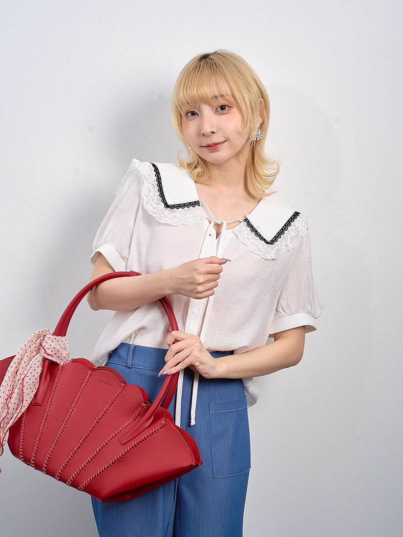 Lace Trim Collar Short Sleeve Blouse