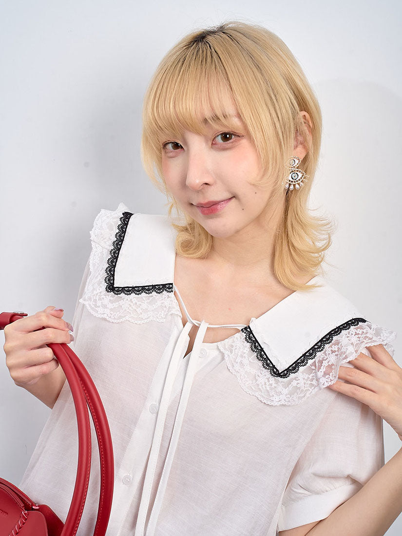 Lace Trim Collar Short Sleeve Blouse