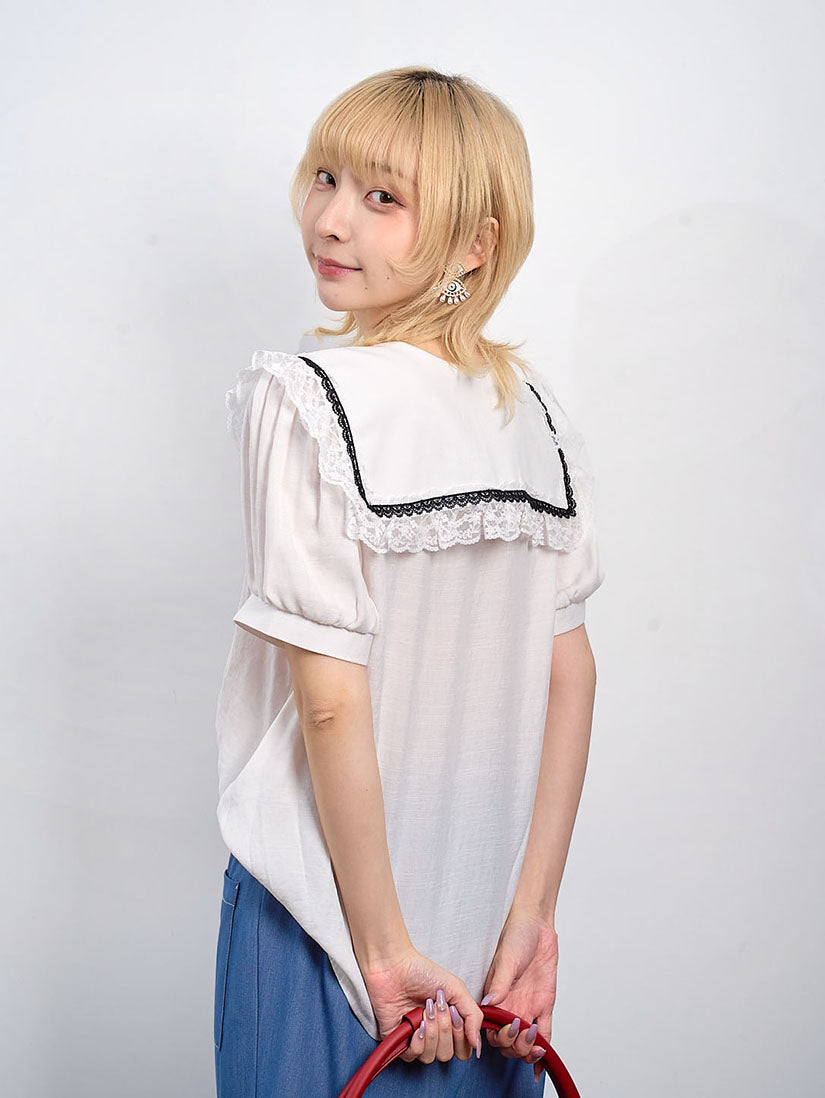 Lace Trim Collar Short Sleeve Blouse