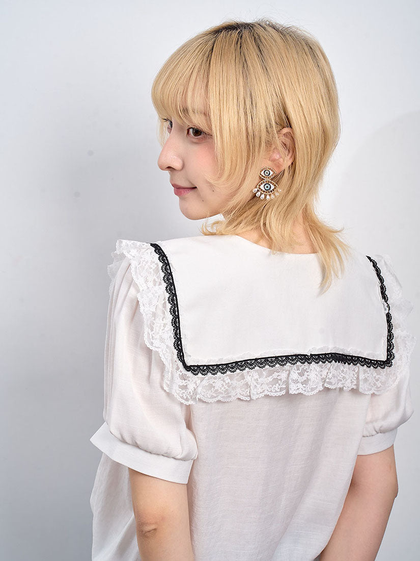 Lace Trim Collar Short Sleeve Blouse