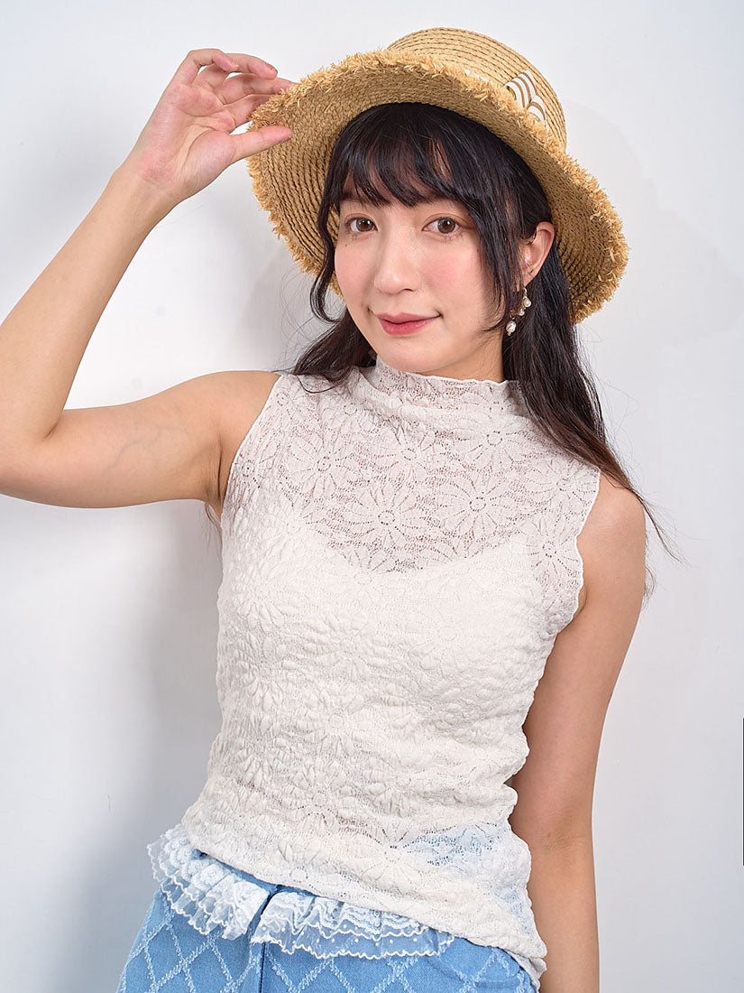 Textured Floral Lace Mock Neck Vest Top (3 Colours)