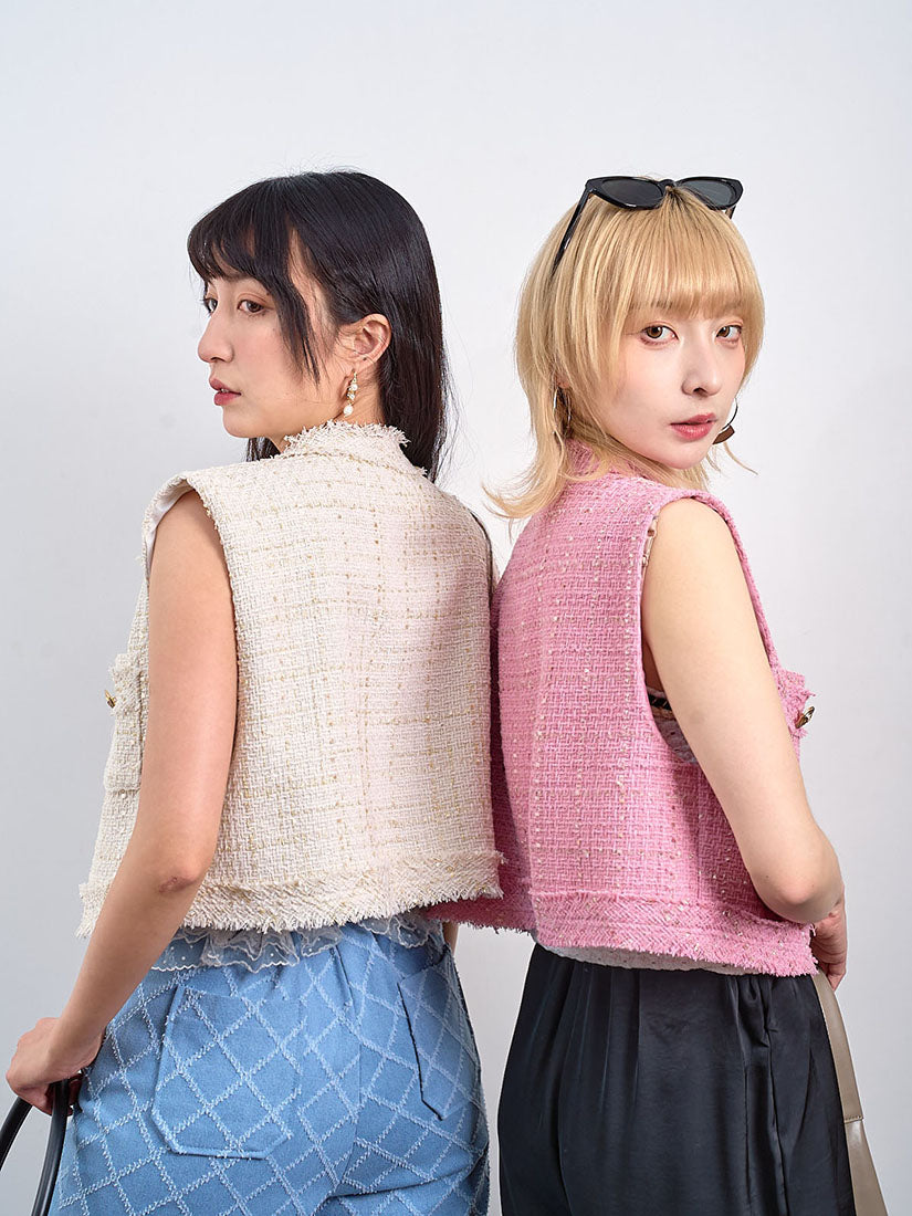 Golden Button Tweed Vest Jacket (2 Colours)