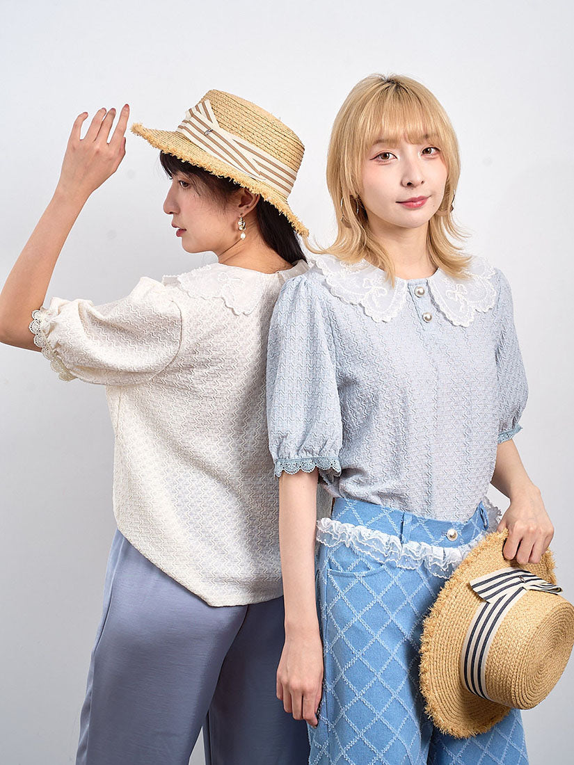 Beaded Embroidered Collar Textured Top (2 Colours)