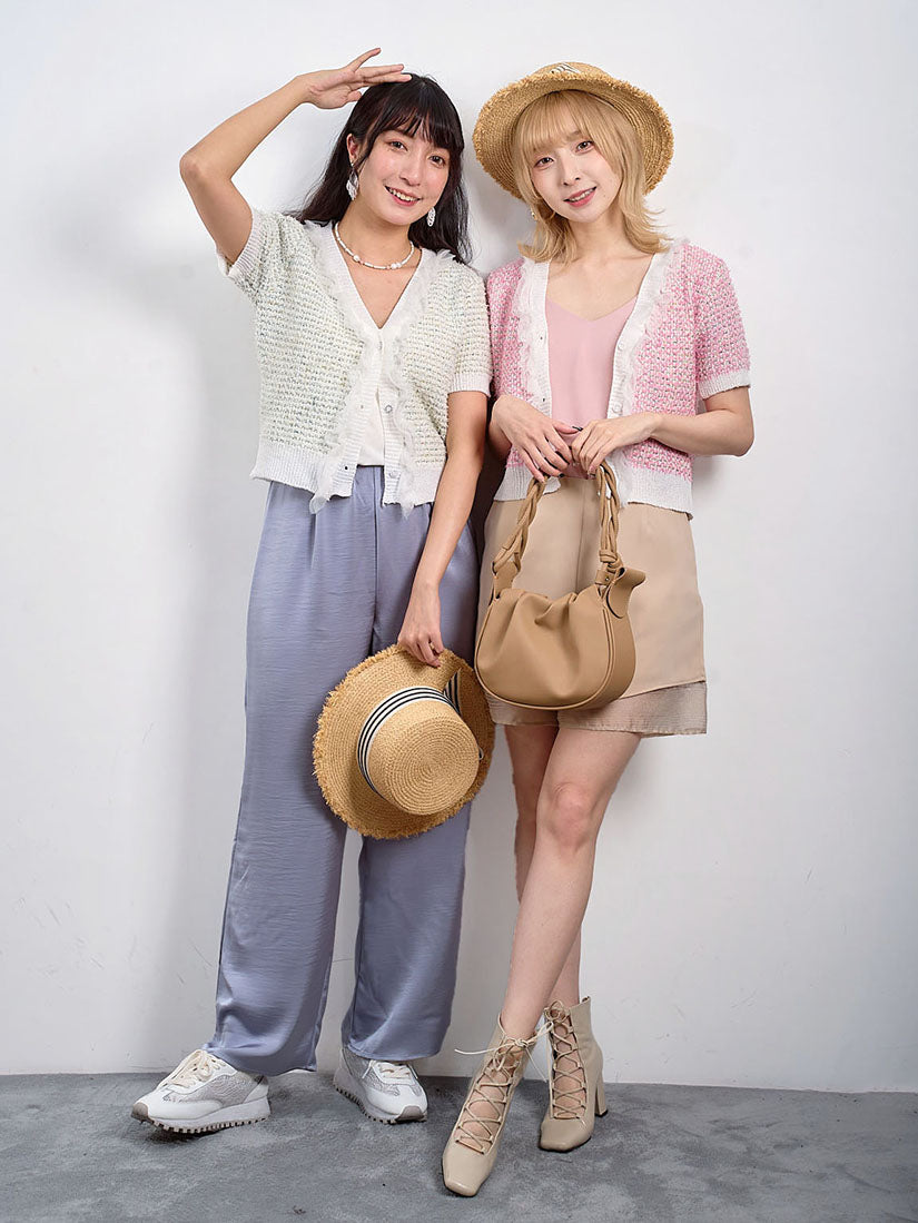 Ruffle Mesh Trim Short Sleeve Cardigan (2 Colours)