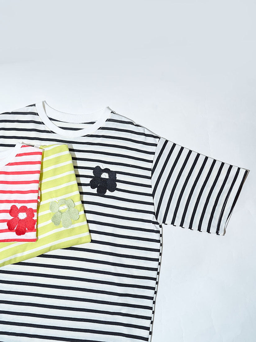 Flower Embroidered Striped Tee (3 Colours)
