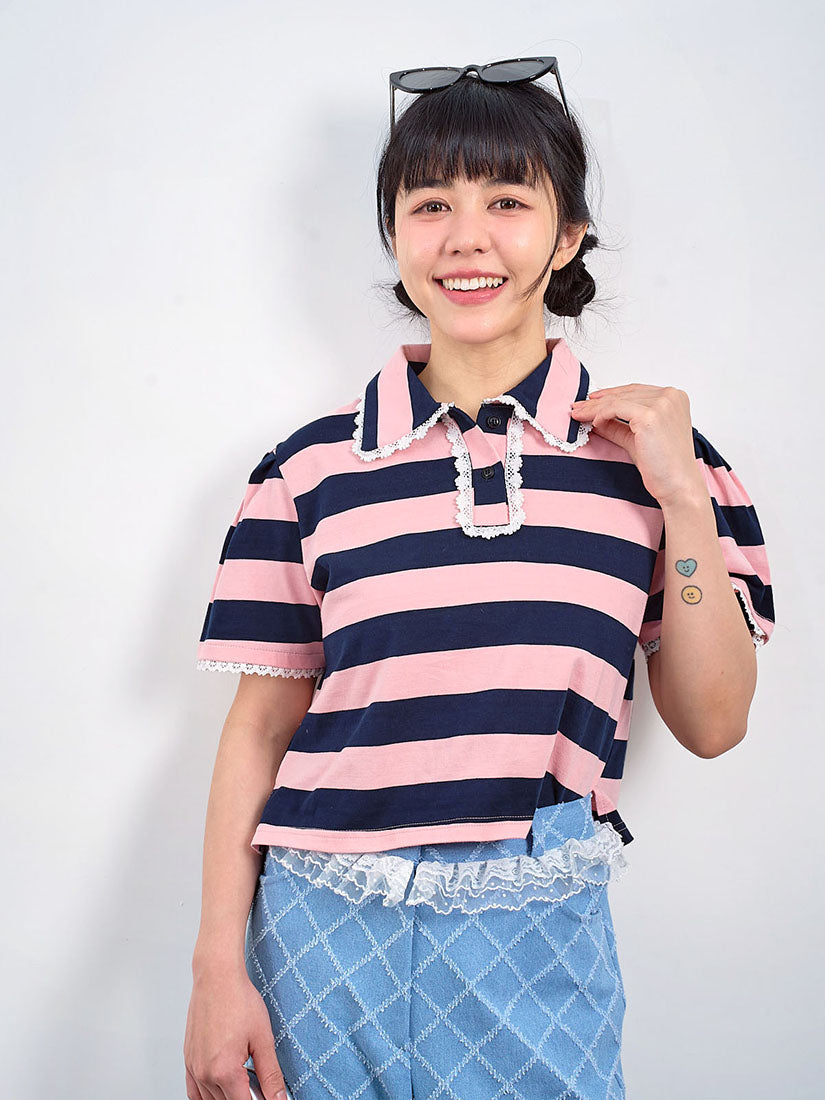 Lace Trim Striped Polo Crop Top