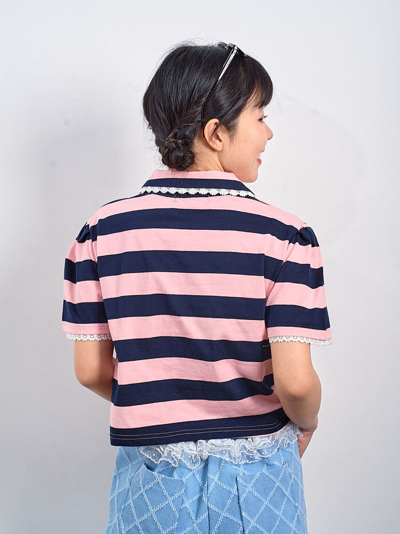 Lace Trim Striped Polo Crop Top