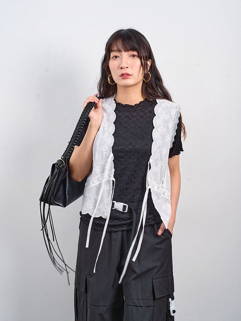 Lace Trim Embroidered Tie Front Vest Jacket