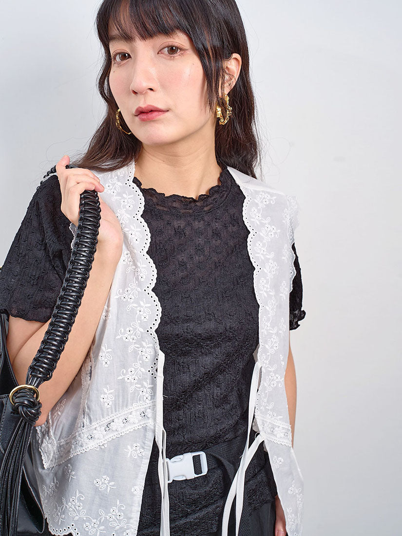 Lace Trim Embroidered Tie Front Vest Jacket