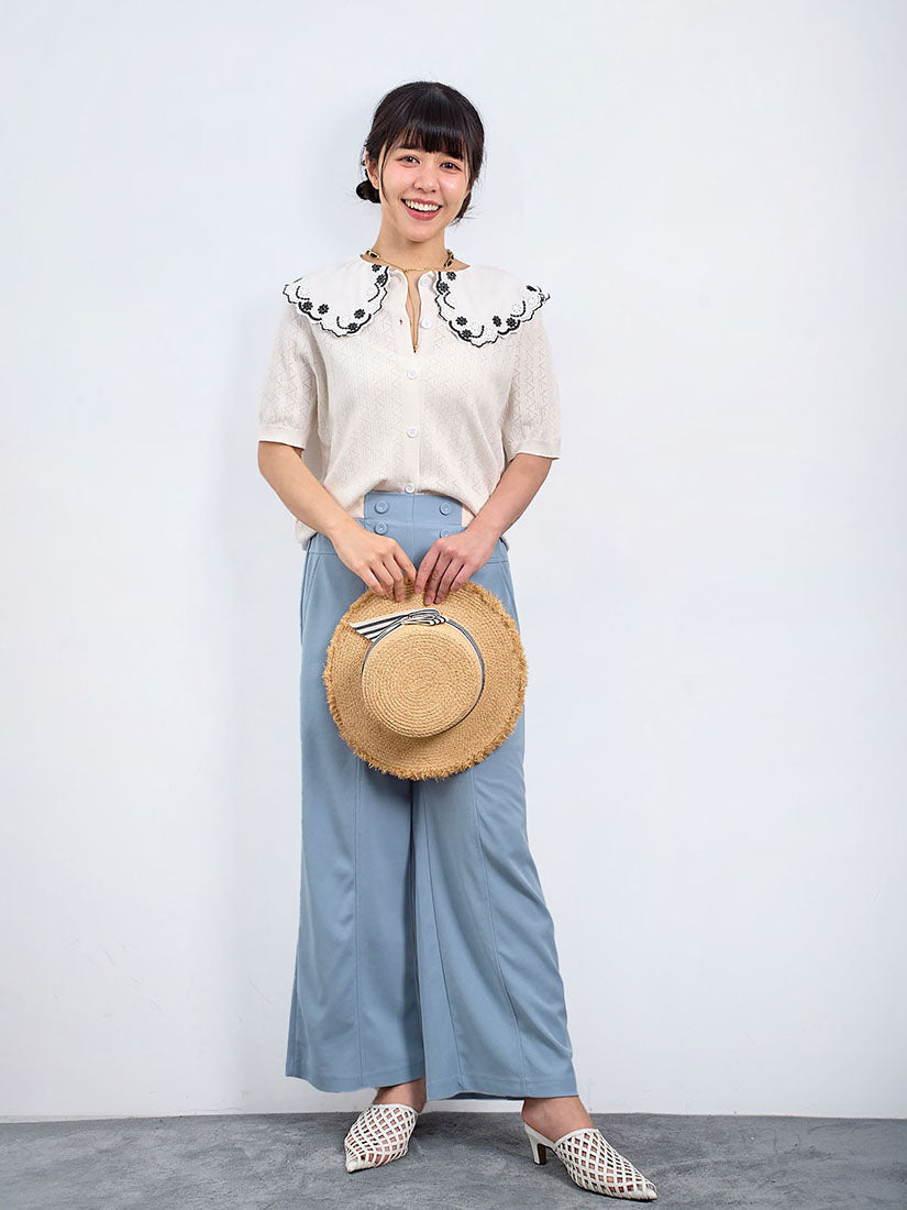 Embroidered Collar Short Sleeve Pointelle Cardigan (2 Colours)