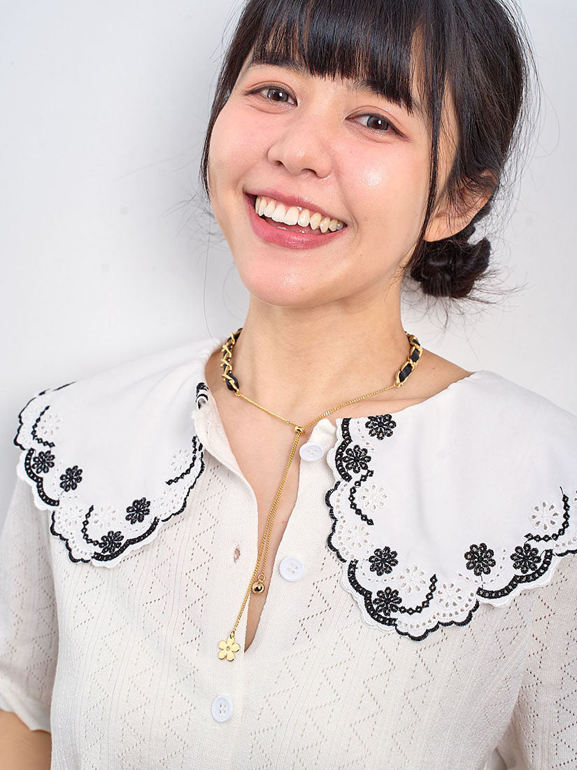Embroidered Collar Short Sleeve Pointelle Cardigan (2 Colours)