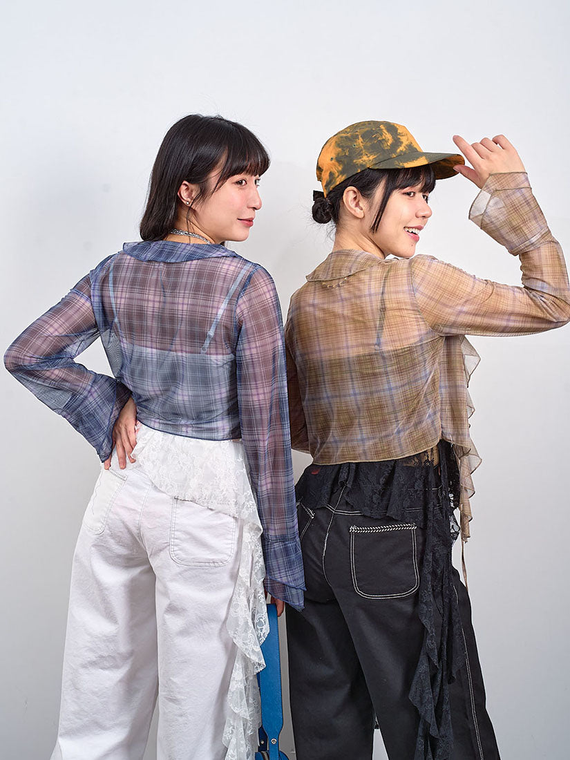 Ruffle Detailed Sheer Plaid Printed Crop Blouse (2 Colours)