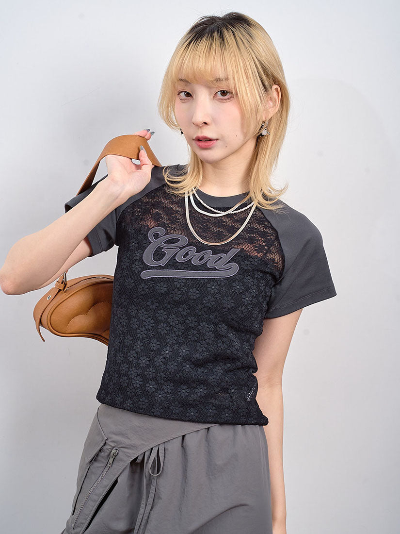 'Good' Embroidered Floral Lace Panel Tee (2 Colours)