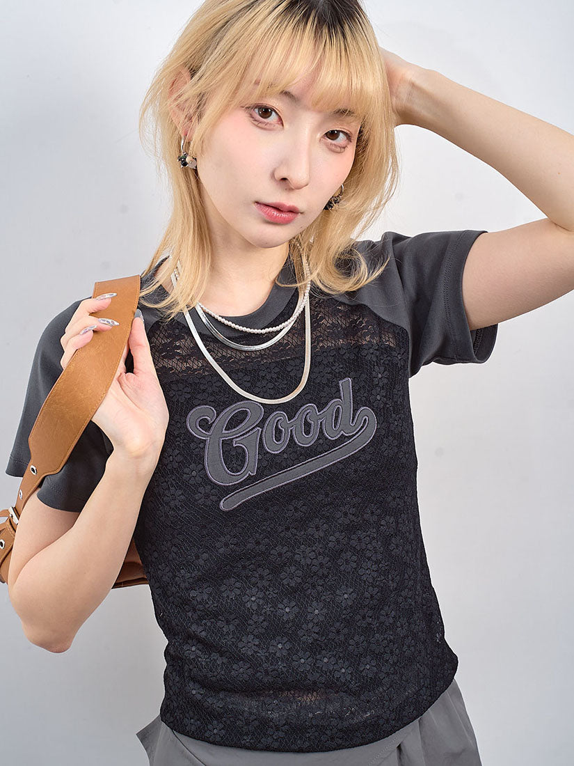 'Good' Embroidered Floral Lace Panel Tee (2 Colours)