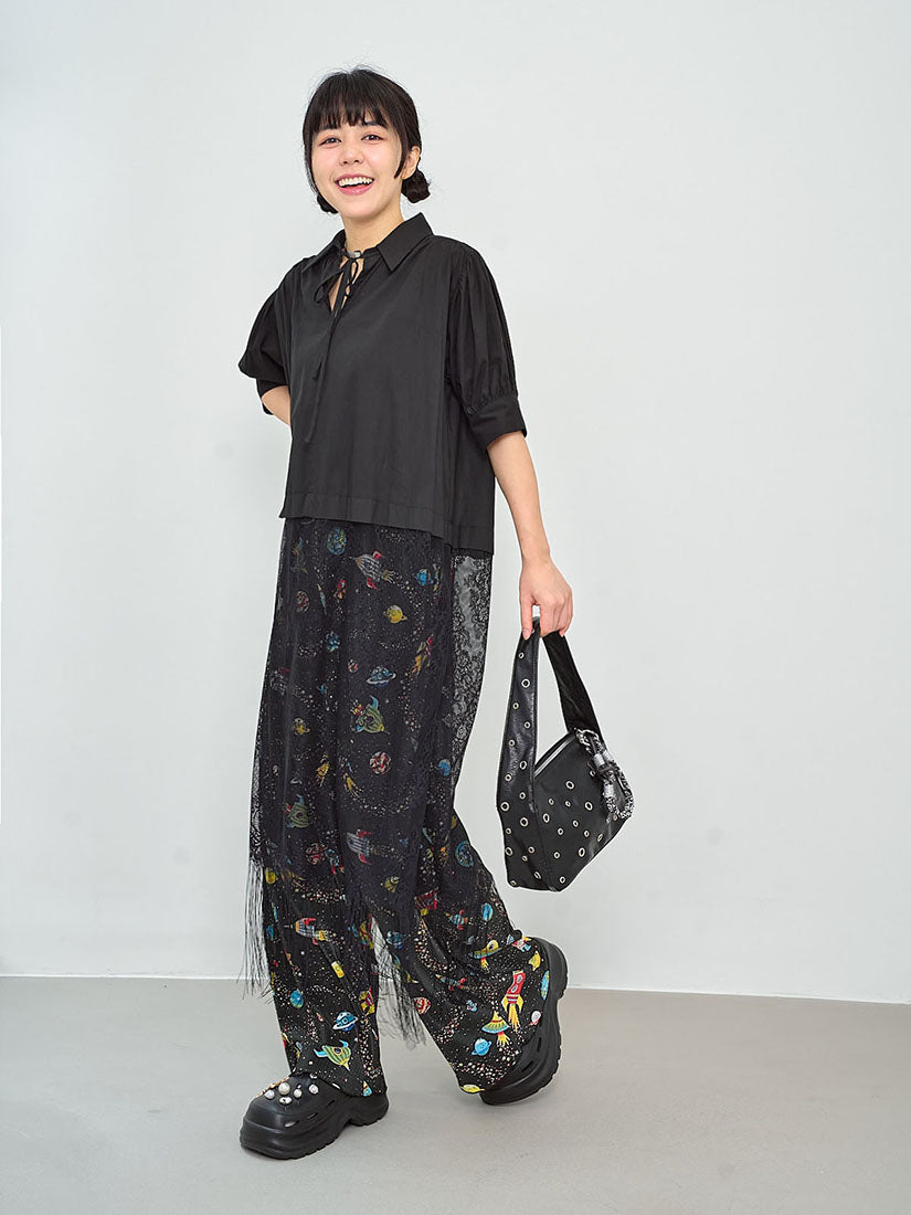 Space Print Pleated Wide Leg Pants