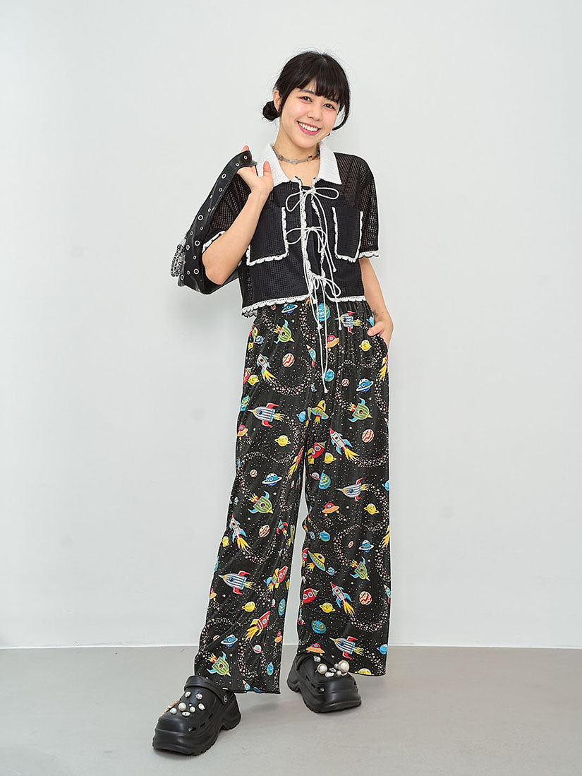 Space Print Pleated Wide Leg Pants