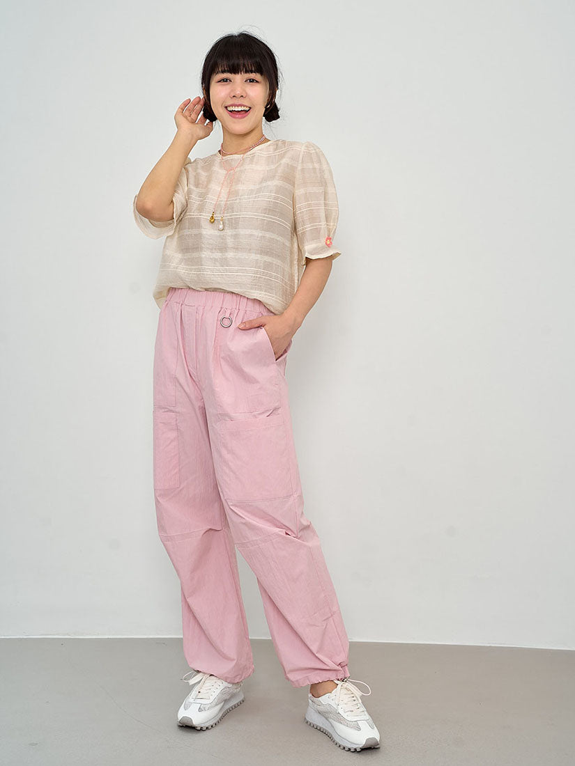 Textured Striped Flower Embroidered Sleeve Top
