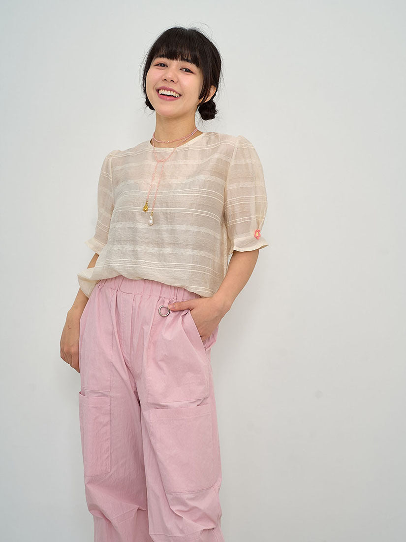 Textured Striped Flower Embroidered Sleeve Top