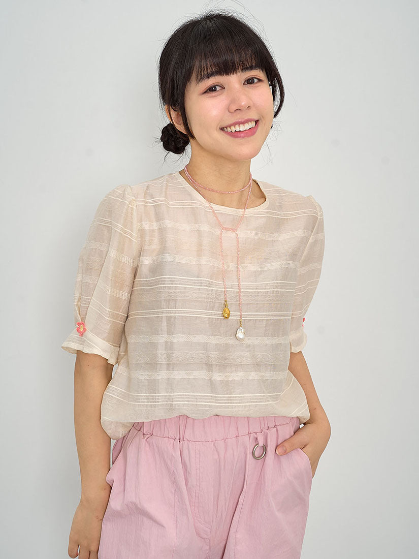 Textured Striped Flower Embroidered Sleeve Top