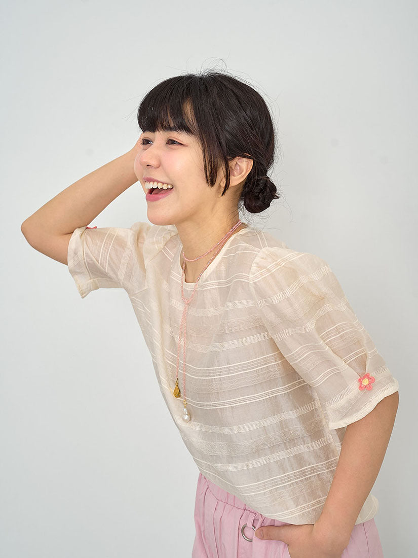 Textured Striped Flower Embroidered Sleeve Top