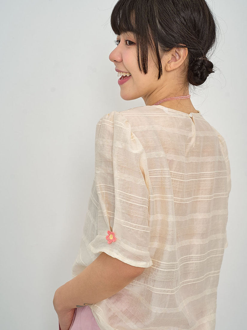 Textured Striped Flower Embroidered Sleeve Top