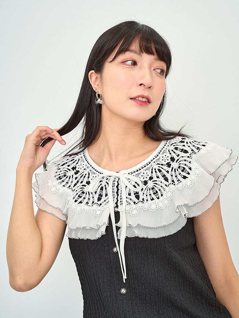 Crochet Lace Pleated Collar Textured Top (2 Colours)