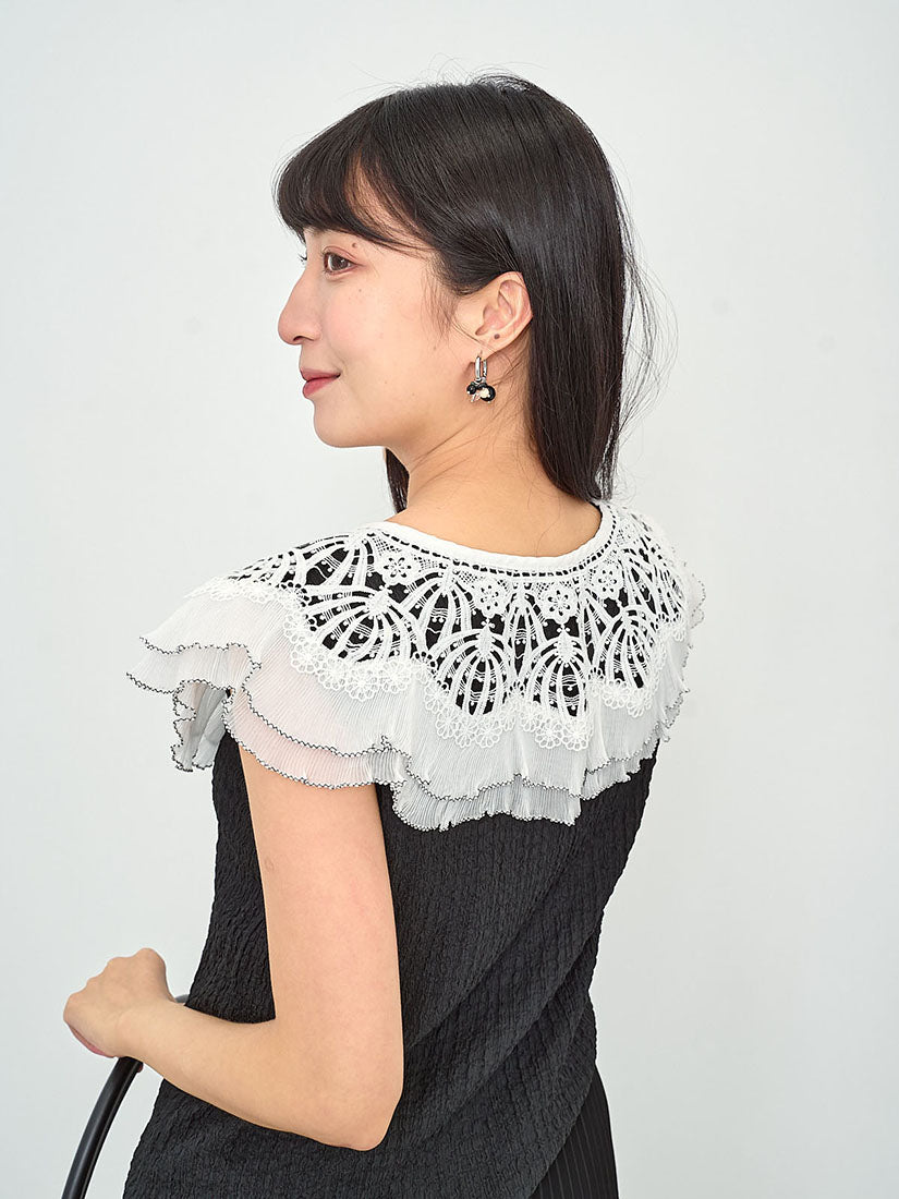 Crochet Lace Pleated Collar Textured Top (2 Colours)